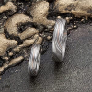 Mokume Gane Ringe mit zwei Sternen innen Rotgold 917 Palladium Schneesilber Krüger Rand