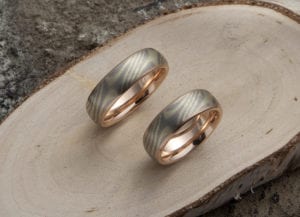 Mokume Gane Ringe mit Rotgold Innenring Grüngold Palladium