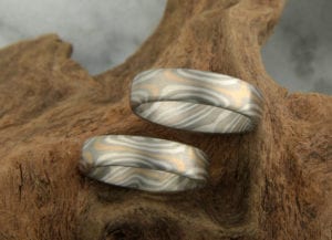 Mokume Gane Ringe gestülpt mit 4 Sterne außen Rotgold Krügerrand Palladium Silber