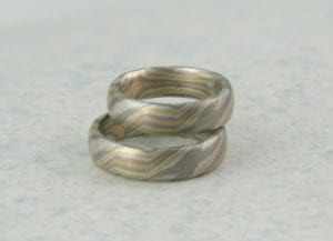 Mokume Gane Ringe Vierfarbig 4 Sterne innen mit Gelbgold Rotgold Krügerrand Palladium 375 Schneesilber 960