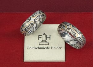 Mokume Gane Ringe gestülptmit 6 Sternen außenmit Gelbgold,Graugold,Palladium und Schneesilber