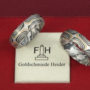 Mokume Gane Ringe gestülptmit 6 Sternen außenmit Gelbgold,Graugold,Palladium und Schneesilber